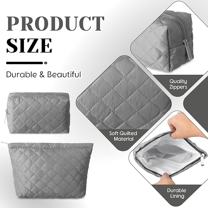 2 Pcs Pencil Case Quilted Makeup Bag Aesthetic Cosmetic Pouch for Women Puffer Travel Toiletry Bag Set Cotton Small Purse Pouch Makeup Organizer with Zipper(Gray)