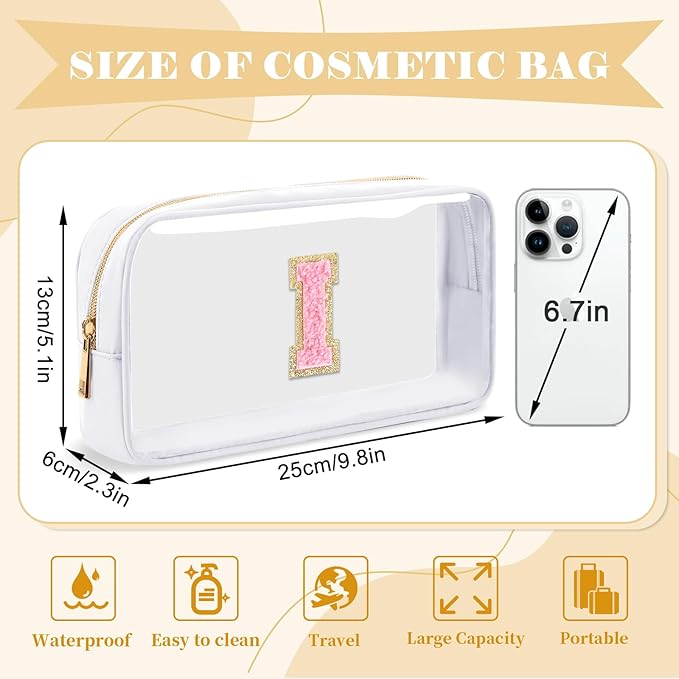 Personalized Initial Letter Clear Makeup Bag, Preppy Small Nylon&PVC Cosmetic Zipper Bag with Chenille Letter, Travel Skincare Toiletry Bag, Monogram Christmas Gift for Teen Girls Women, I