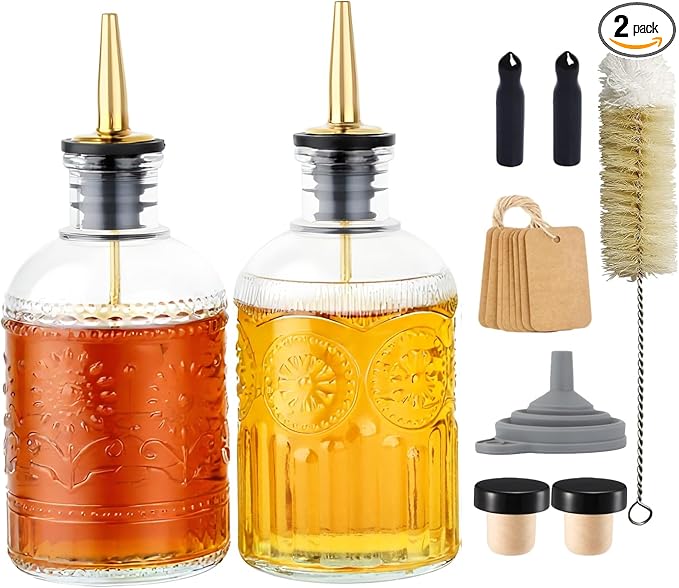 Simple Syrup Bottles Set of 2, Glass Coffee Syrup Dispenser Bottles 7 OZ With Metal Pour Spout, Labels and Stopper, Glass Syrup Dispenser for Maple Honey Syrup Oil and Sauces, LC002