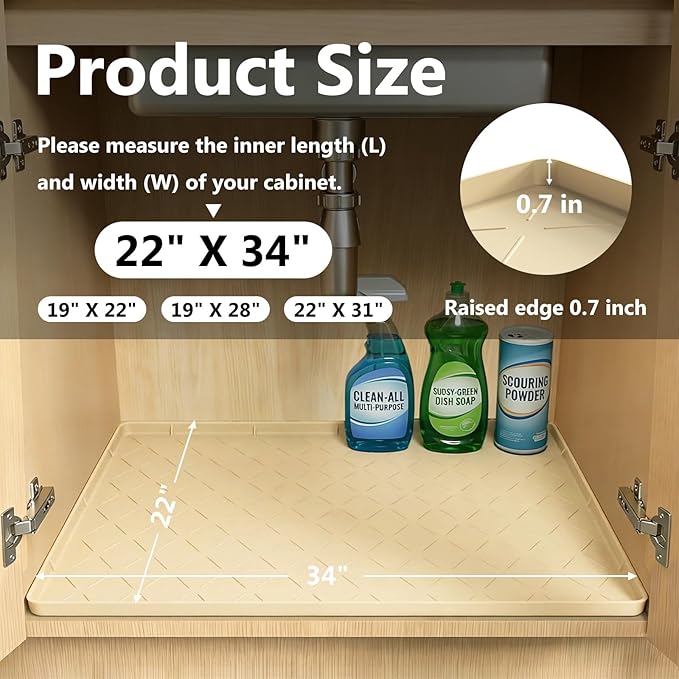 Mateeylife Under Sink Mats for Kitchen Waterproof 34"X22", Undersink Protectors，Silicone Mat Cabinet Liner, Under Sink Organizer for Bathroom and Kitchen，Boot Tray Pet Food Mat, Khaki