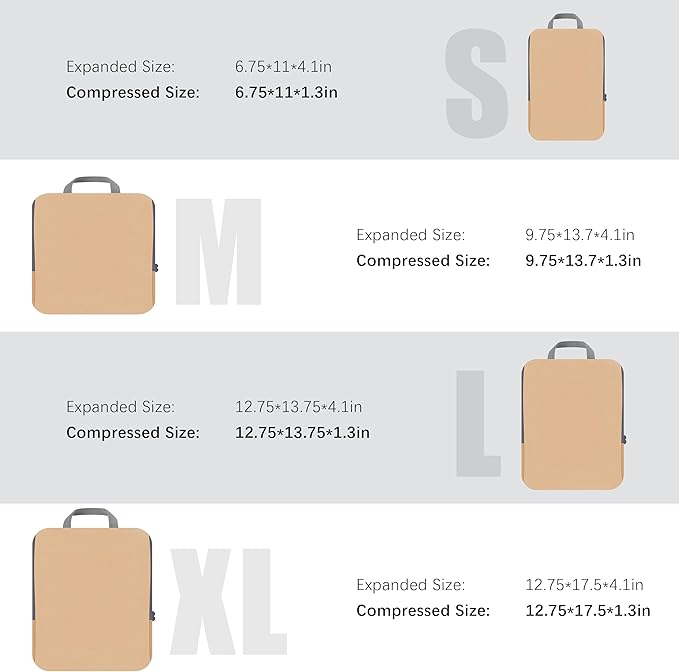 4 Set Compression Packing Cubes Travel - Travel Accessories Expandable Packing Organizers for Carry On - Essentials Luggage Bags - Brown