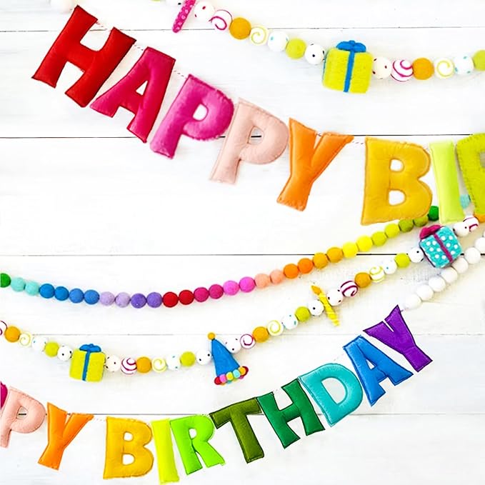Pre-Strung Happy Birthday Banner - Handmade Felt Letters & Balls, Reusable Colorful Felt Ball Garland, Personalized Birthday Sign for Home Wall Mantles Decor Kids Rainbow Party Decorations