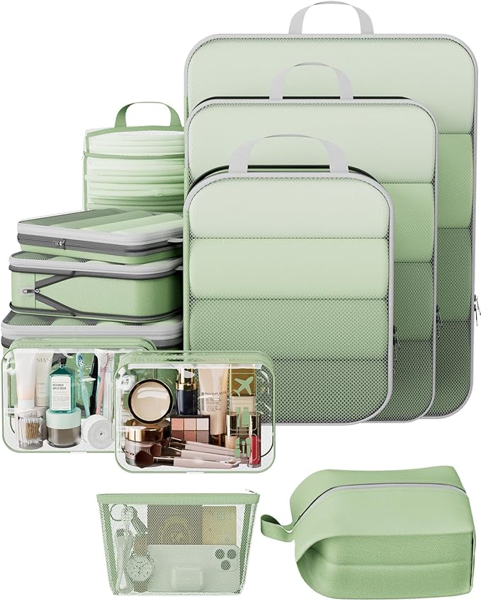 Veken 11-Piece Compression Packing Cube Set for Travel Essentials, Compressible and Expandable Large Luggage Suitcase Organizer Bags for Clothing, Durable Space Saver Storage Bags (Matcha Green)