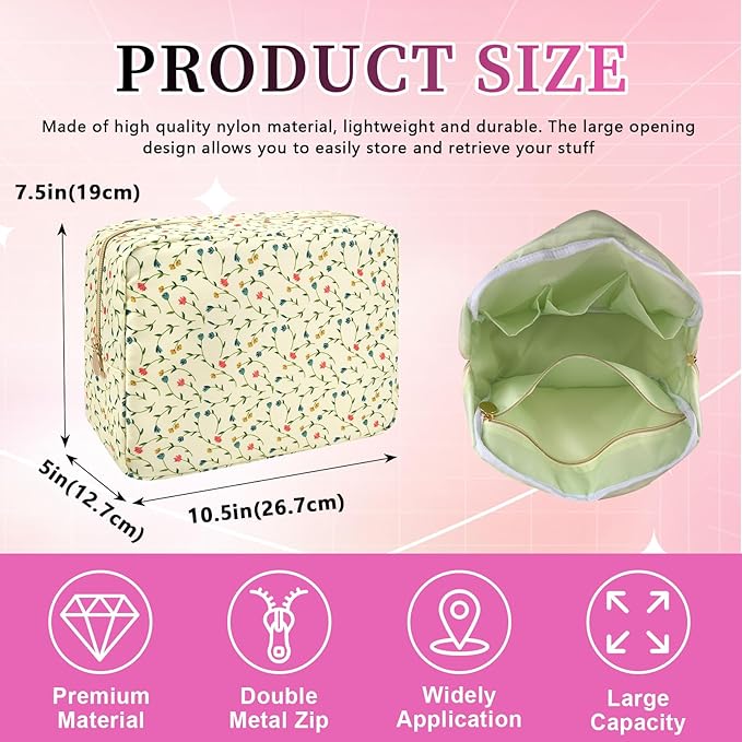 Waterproof Nylon Large Makeup Bag Travel Pouch, Floral Preppy Big Cosmetic Bag Make Up Organizer Toiletry Bag with Zipper, Large Capacity Cute Zipper Pouch Storage Bag for Women Girls(Vine Flower)