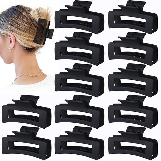 3.5 Inch Medium Hair Claw Clips 12 Pcs Square Claw for Thick and Thin Hair Rectangular Rectangle Hair Clips Jaw Clips Bulk Hair Accessories for women and Girls (Black)