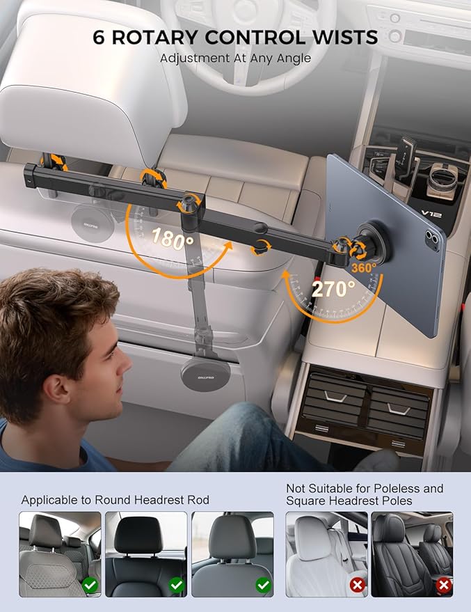 OHLPRO Magnetic Headrest Car Tablet Mount with Foldable Telescopic Arm for iPad Car Holder Back Seat Road Trip Essentials for Kids, Fit for Magsafe Phone iPad Galaxy Tab Tablet Kindle Surface Fire HD