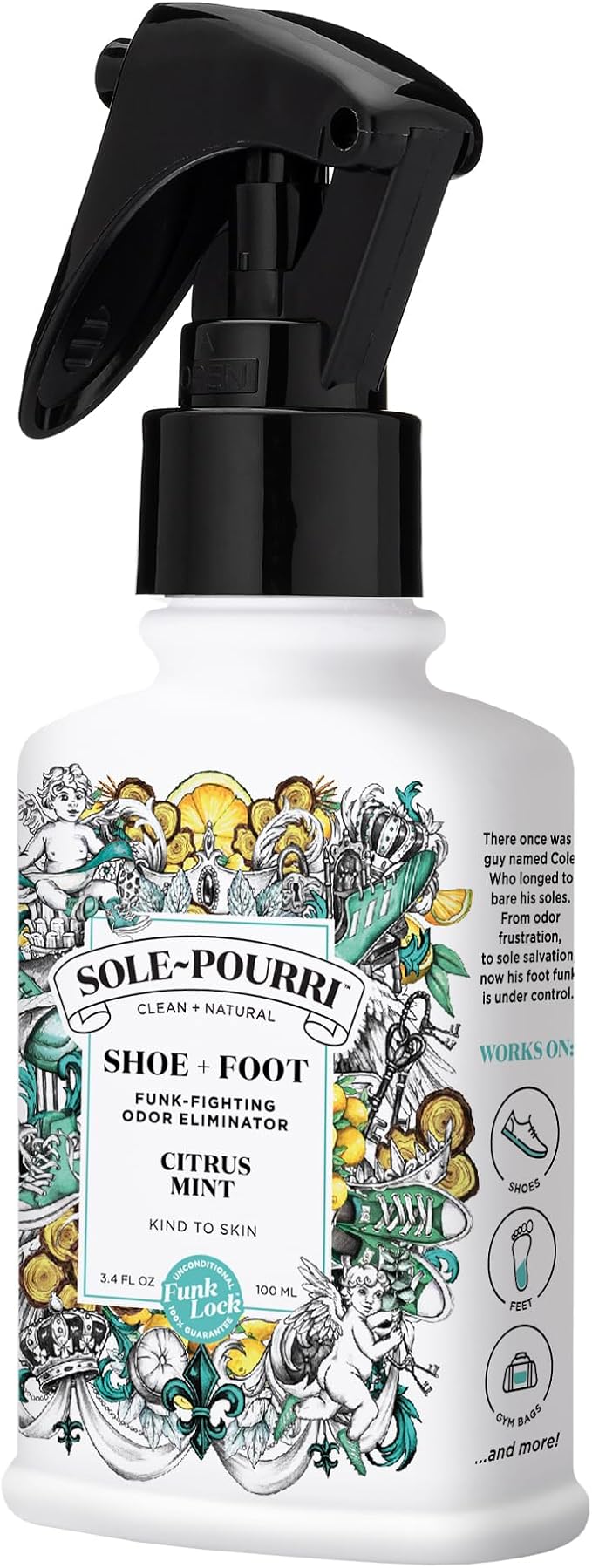 Sole-Pourri Shoe Deodorizer + Foot Spray, 3.4 Fl Oz, Up to 150 Uses, Funk-Fighting Odor Freshener with Essential Oils, for Smelly Shoes, Feet & Gym Bags, Citrus & Mint Scent