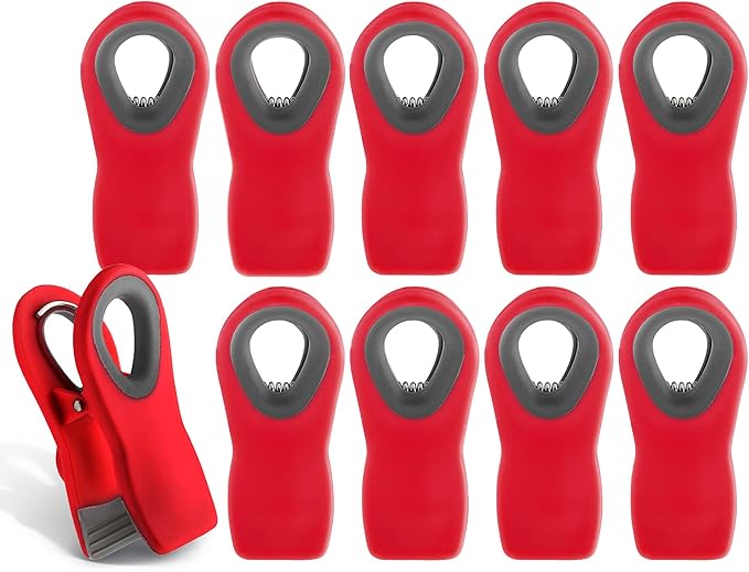 COOK WITH COLOR Bag Clips with Magnet- Food, Chip and Bag Clips for Food Storage with Airtight Seal Grip for Bread Bags, Snack Bags and Food Bags (Red, Pack of 10)