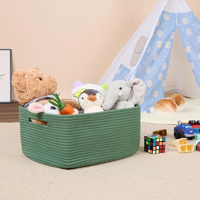 MiniArk Large Storage Baskets for Shelves, Closet Organizers Bins for Clothes Blanket Towels, Baby Nursery, Toy Baskets Box, Woven Rope Baskets, 17 x 13 x 7.5”, 2 Packs Green