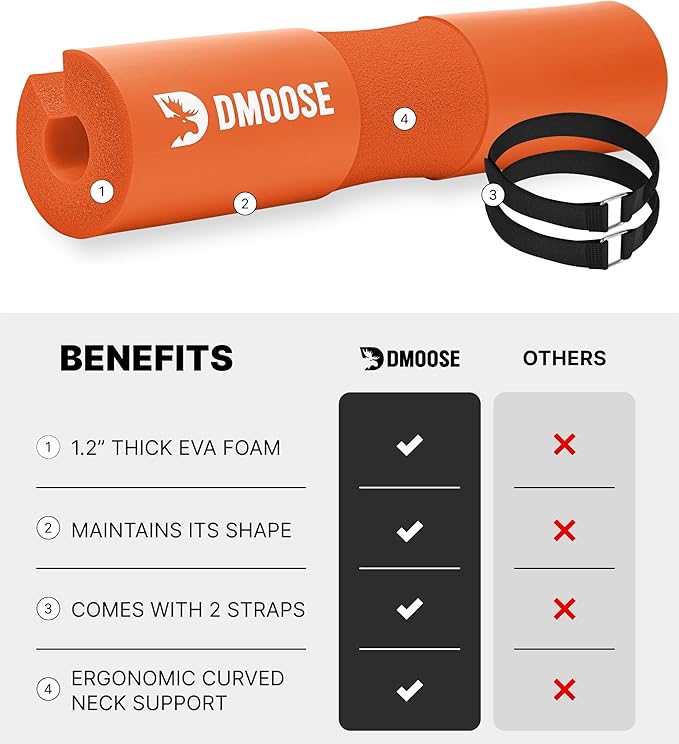 DMoose Fitness Barbell Pad for Hip Thrust, Squat & Lunges - Non-Slip Thick Foam Cushion for Neck and Back Support with Two Straps - Hip Thrust Pad for Leg Day - Fits All Olympic Bars and Smith Machine