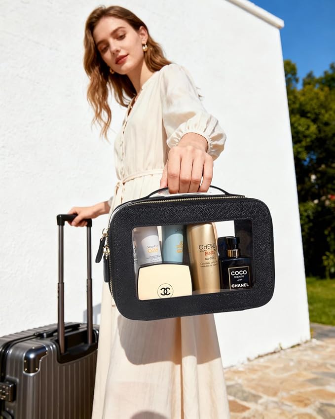 Clear Makeup Bag Set, Small Portable Clear Makeup Bag Cute Waterproof Travel Cosmetic Bag Makeup Pouch TSA Approved Toiletry Bag Women Traveling Car Organizer Car Essentials (Black, Standard + Mini)