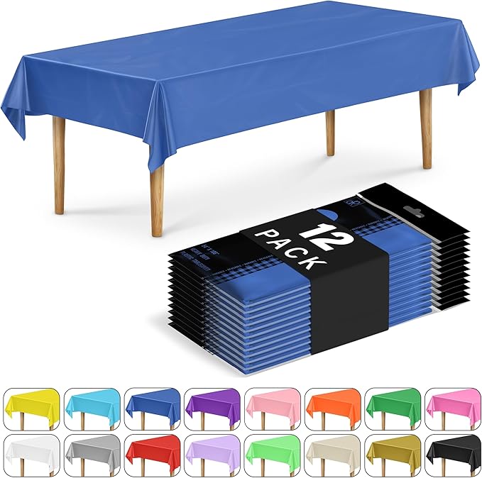 DecorRack 12 Rectangular Tablecloths BPA-Free Plastic, 54 x 108 inch, Dining Table Cloth, Rectangle Table Cover for Parties, Picnic, Camping and Outdoor, Disposable or Reusable, Royal Blue (12 Pack)