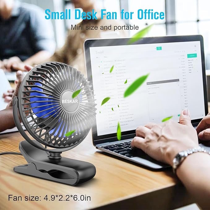 BESKAR USB Clip on Fan, Portable Small Fan with Cord Powered, 3 Speeds Strong Airflow, with Sturdy Clamp, Quiet Personal Desk Fan
