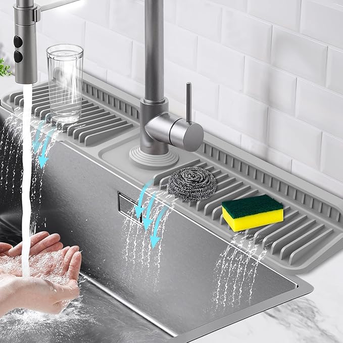Hugro Tarfive 24-Inch Kitchen Sink Splash Guard Mat | 7° Slope for Fast Self-Draining | Snap-Lock Design | Universal & Cuttable Silicone Faucet Mat Gray