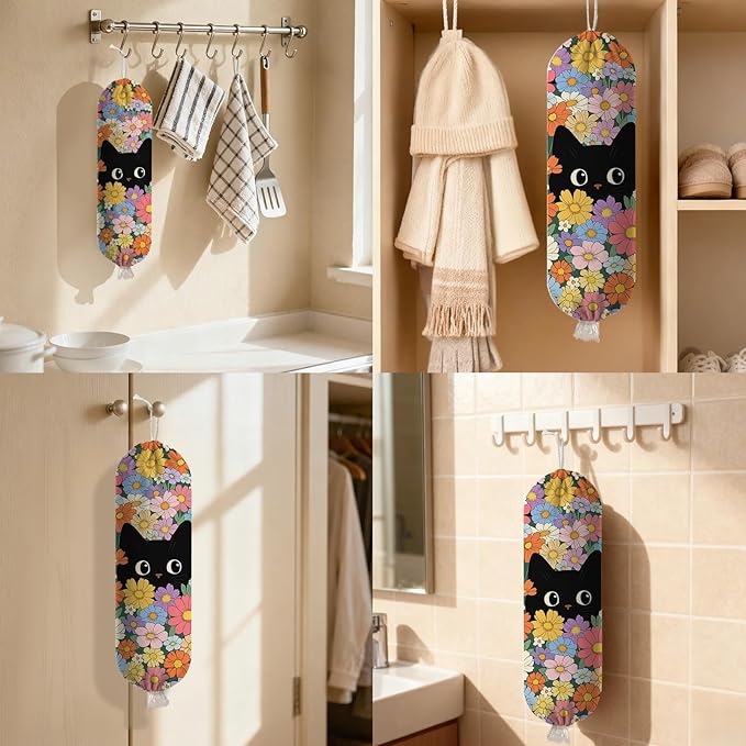 Floral Cat Plastic Bag Holder Dispenser, Plastic Grocery Bag Organizer & Wall Mount Paper Trash Bags Saver Storage for Kitchen Home Pantry Decor, Cat Kitchen Decor Shopping Bags Storage Dispenser