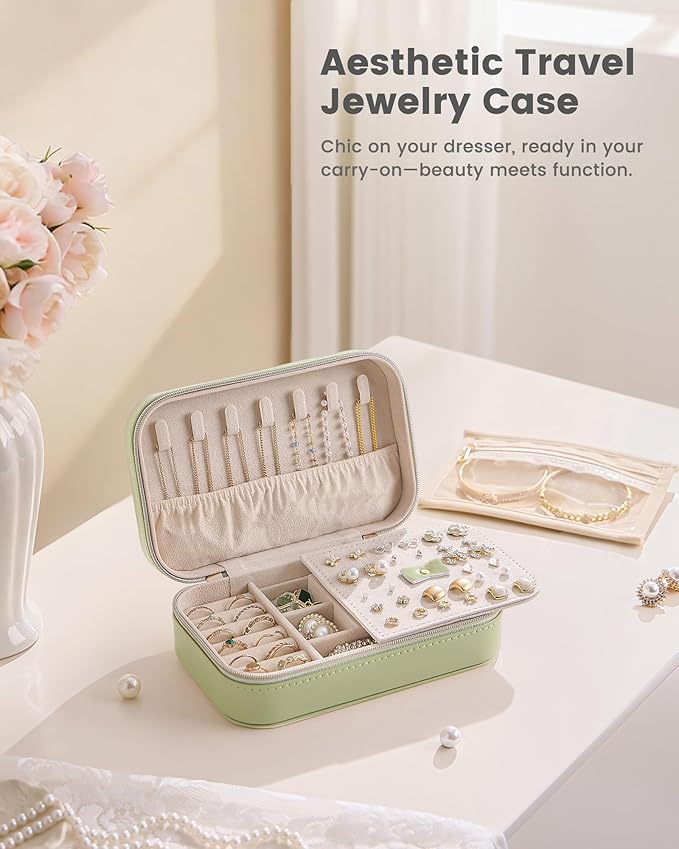 Lolalet Travel Jewelry Case for Women Girls, Travel Jewelry Organizer with Clear Storage Bag Small Portable Jewelry Box for Necklace Bracelet Earring Ring Valentines Bridesmaid Gifts -Medium/Green