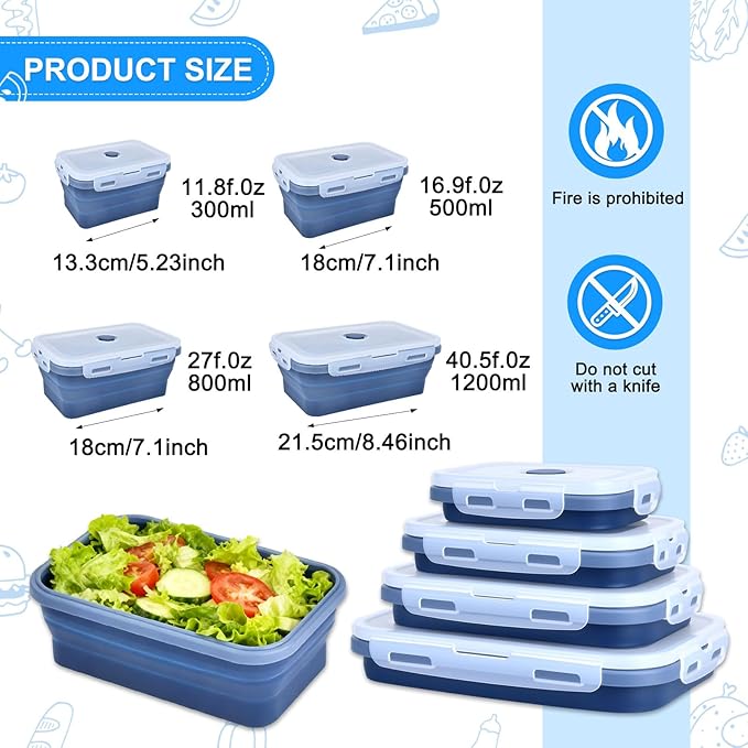 4 Set Collapsible Food Storage Containers Silicone Lunch Container with Lids Collapsible Lunch Box Food for Camper Leftovers Snacks Meals Dorm Kitchen Microwave Dishwasher and Freezer Navy Blue