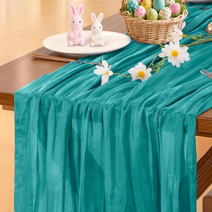 Socomi 3pcs Teal Blue Summer Cheesecloth Table Runner Boho Rustic Gauze 120 inch 10FT Cheese Cloth Sheer Runner for Wedding Party Baby Shower Birthday Home Decor