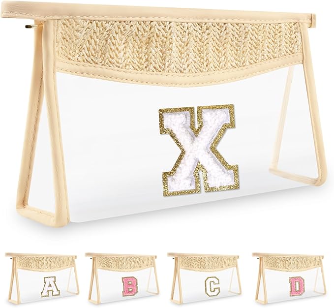 Personalized Initial Letter Bag Boho Straw Clear Makeup Bag, Small Cute Chenille Varsity Letter Pouch with Zipper, Beach Travel Toiletry, Portable Monogrammed Cosmetic Bag for Women Girls, X