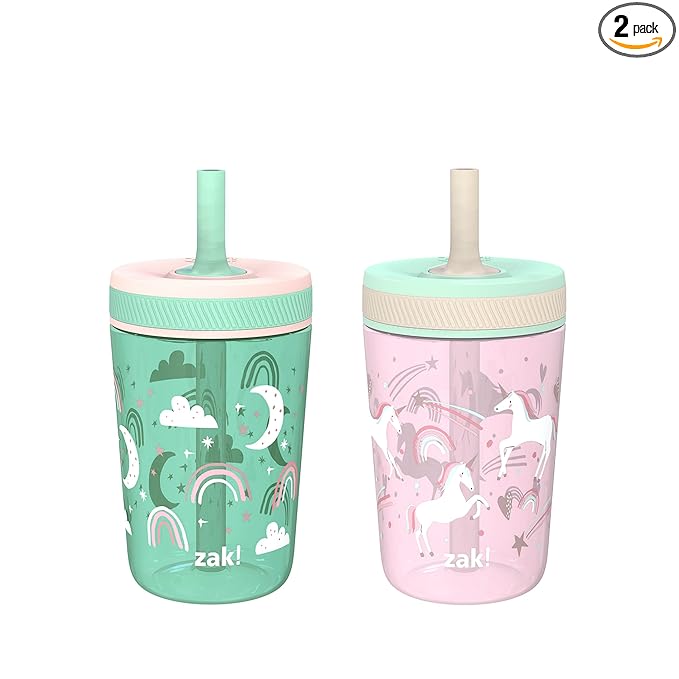 Zak Designs Kelso Toddler Cups For Travel or At Home, 15oz 2-Pack Durable Plastic Sippy Cups With Leak-Proof Design is Perfect For Kids (Fanciful Unicorn, Happy Skies)