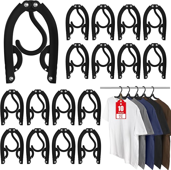 10 Pcs Travel Hangers Portable Foldable Travel Hanger Organizer, Plastic Cruise Ship Accessories Essentials Clothes Hanging Rack Folding Hangers for Traveling Camping Flying RV Europe Suitcase, Black