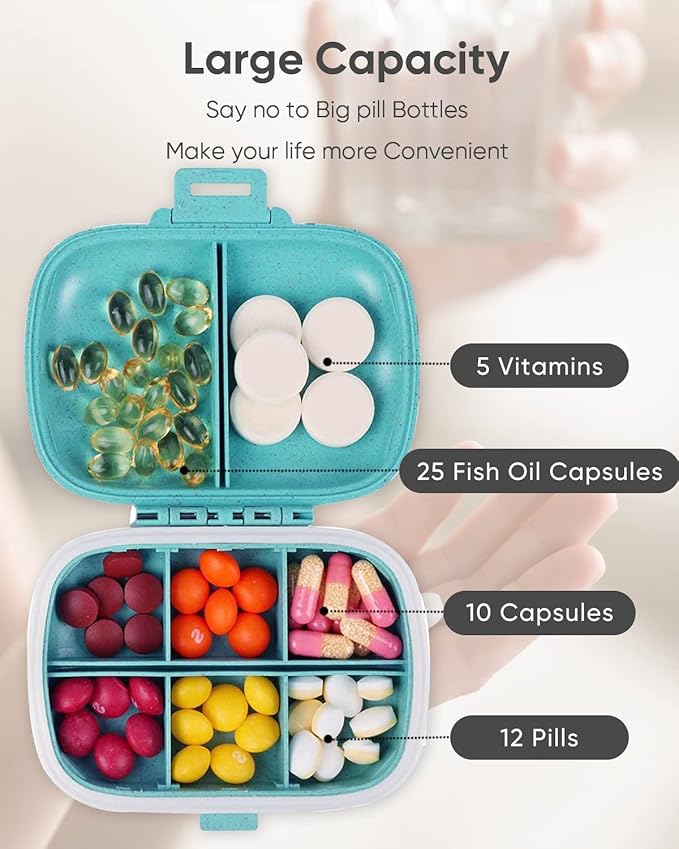 Holii Travel Pill Organizer, 8 Compartments Portable Pill Case, Daily Pill Box to Hold Vitamins, Small Pill Container for Pocket Purse Medicine Organizer（Blue）