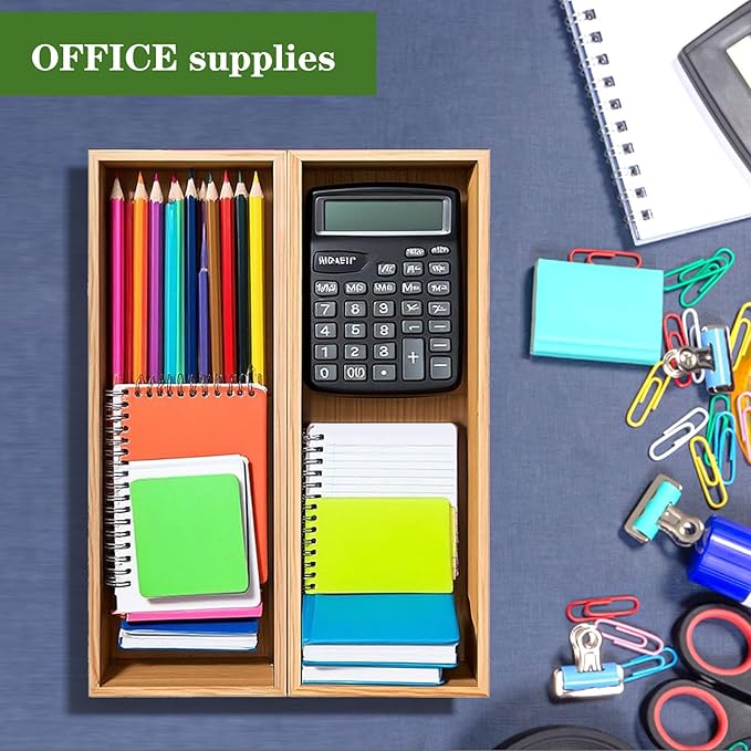 Bamboo Drawer Silverware Organizer, Silverware Tray, Flatware Organizer, Bamboo Storage Box Suitable for Office, Bathroom and other objects storage (9.85"x3.55"x1.78"- Set of 2)