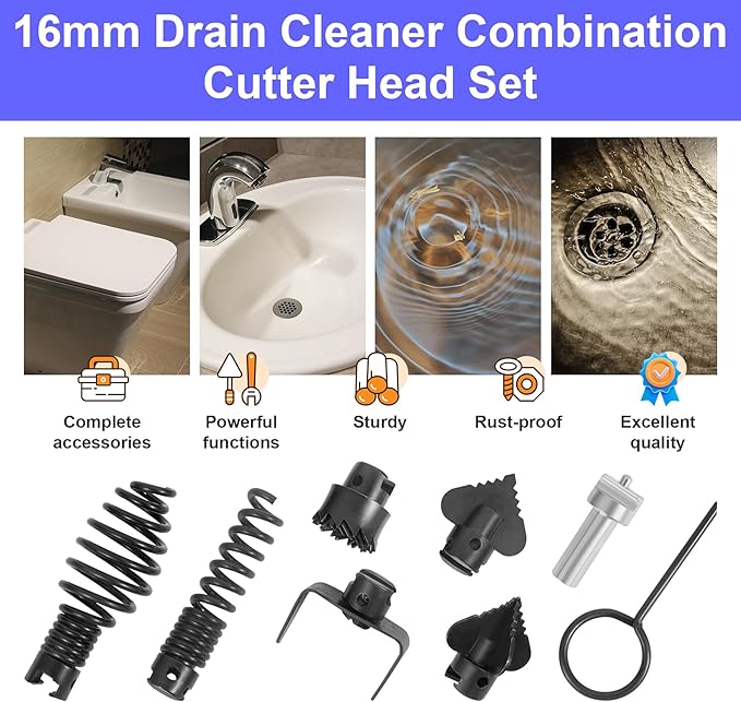 16mm Drain Cleaner Combination Cutter Head Set is drain auger drill attachment & drain snake drill attachment，Relioky 8pcs drain cleaning drum machine tool set for pipe drain cleaner machine,silver