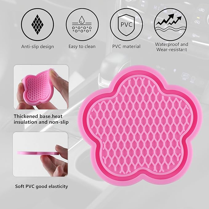 GaRhomxy Car Cup Holder Coaster, Universal Non-Slip Recessed Flower Shaped Cup Holders, Cute Car Accessories Interior for Women and Man Interior Sets 4 Pack (Pink)