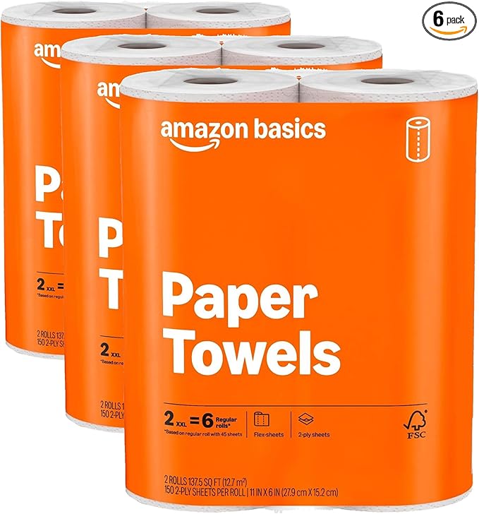 Amazon Basics 2-Ply Flex-Sheets Paper Towels, 6 Rolls = 20 Regular Rolls, 150 Sheets per Roll, Everyday Value