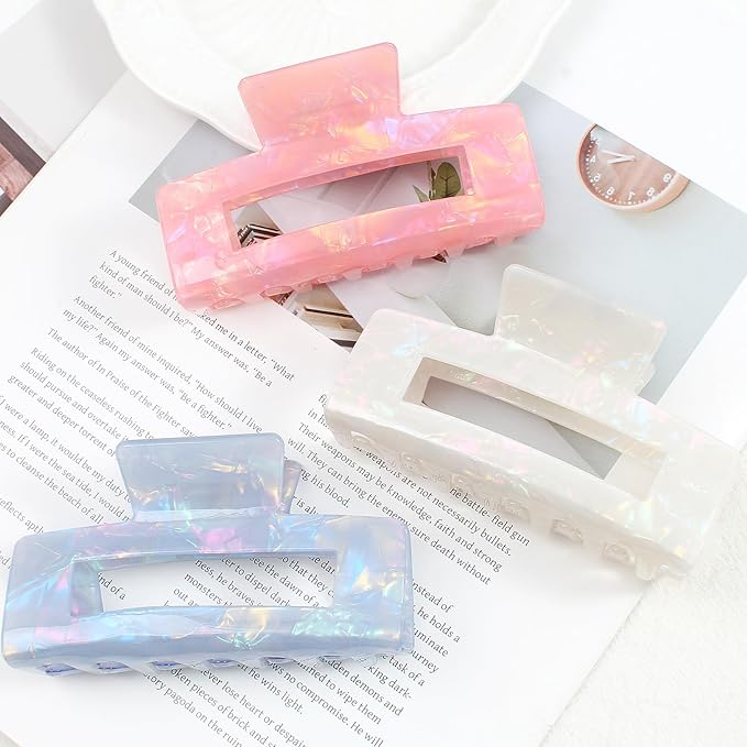 3PCS Large Hair Claw Clips for Thick Hair - 4 Inch Acrylic Strong Hold Non-Slip Barrettes Hair Clamps for Women - Big Rectangle Hair Clips for Curly Hair, Updo, Bun, Ponytail (white&blue&pink）