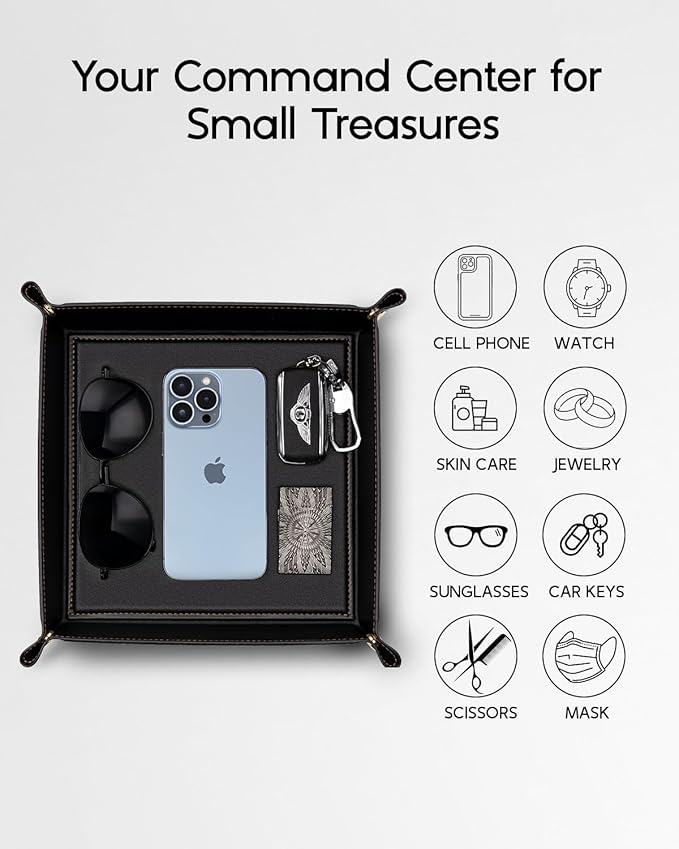 Vlando Valet Tray for Men Women, Nightstand Organizer Vanity Catchall Holder for Dresser Desk Storage Bedside, Travel PU Leather Jewelry Key Bowl Coin Watches and Candy Entryway Tray - Large, Black