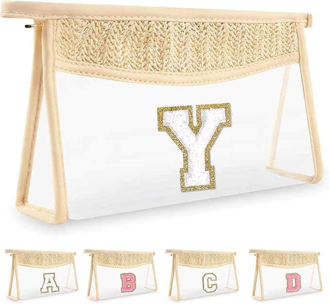 Personalized Initial Letter Bag, Boho Straw Clear Makeup Bag, Small Cute Chenille Varsity Letter Bag with Zipper, Beach Travel Toiletry Bag, Portable Monogrammed Cosmetic Bag for Women Girls, Y
