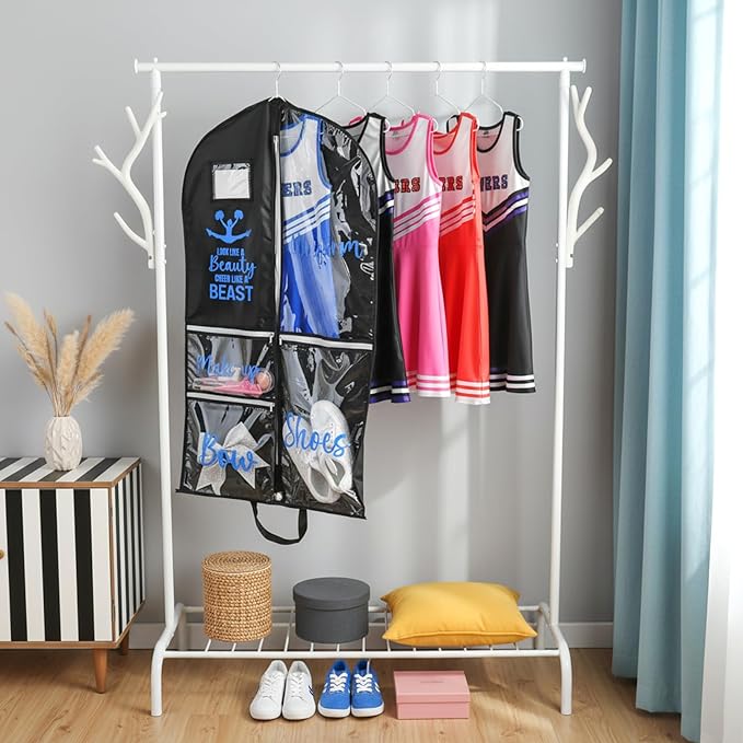 DEEKA Cheer Garment Bag for Hanging Clothes with Zipper Pockets Cheer Accessories Mom Essentials Uniform Costume 40 Inch Black Bags Stuff for Cheerleading Girls (Black,Blue-Cheer Quote)