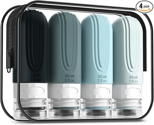 Mrsdry Travel Bottles for Toiletries, Tsa Approved 2oz Travel size Bottles, BPA Free Leak Proof Travels Toiletry Containers, Traveler Accessories with Toiletry Bag for Shampoo Liquid (4 Pack)