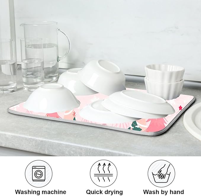 Christmas Tree Pink Dish Drying Mat for Kitchen Countertop 18x24 Winter Snowflake White Xmas Large Drying Mat Reusable Quick Dry Dish Sink Mats Easy Clean Decorative Essentials