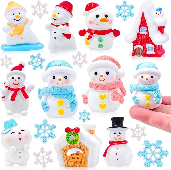 20 Pcs Mini Christmas Snowman Figurines with Winter House Snowflakes Tiny Little Xmas Resin Snowmen Miniature Figures for Holiday Crafts Garden Micro Landscape Home Table Decor