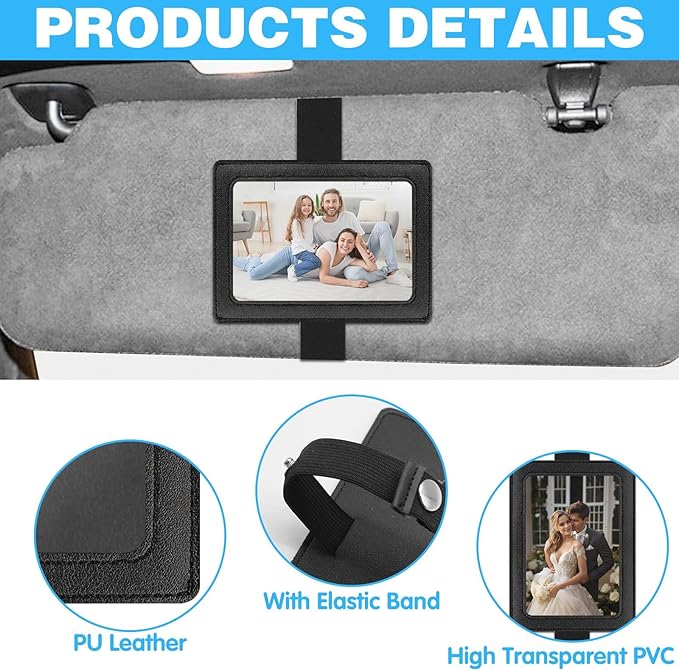 Leather Car Visor Picture Holder Photo Clip Fits 5-Inch Car Picture Frame Displays Your Photographs Sun Visor Car Photo Holder Black Both Horizontally And Vertically, Photo Car Visor Clip for Vehicle