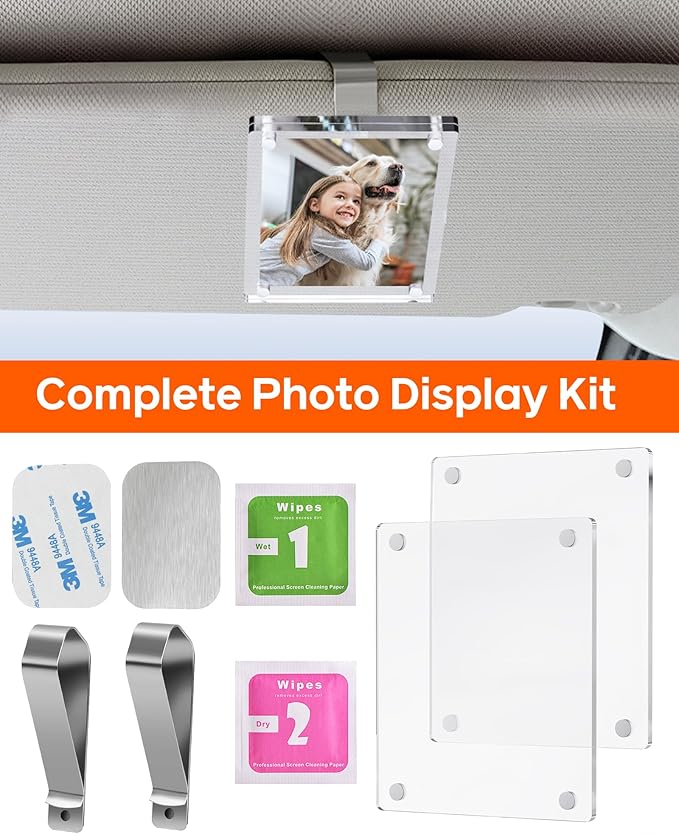 2Pcs Large Magnetic Car Visor Photo Holder - Strong Clip-On Frames for 3.5"x4.4" Photos - Durable Acrylic Visor Clip Photo Frame for Family & Pets - Secure Photo Car Visor Clip Accessories, Gift For Valentine‘s Day