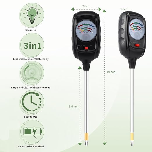 3-in-1 Soil Test Kit, Soil Moisture Meter/Soil pH Meter/Soil Fertility Tester, Soil Moisture Meter for Garden, Farm, Indoor, Outdoor and Lawn Care (Bright Black)