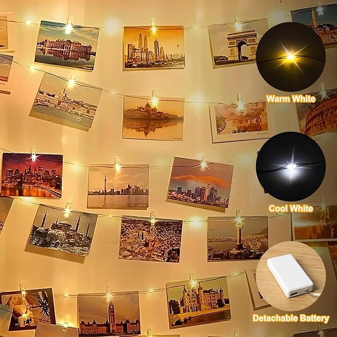 17FT 100LEDs Rechargeable Photo Clips String Light,Remote Control,3 Off Timer,Tangle-Free,Detachable Battery Operated Fairy Lights,Dorm Room Essential for Girl,Christmas(Cool+Warm White,1Pack)