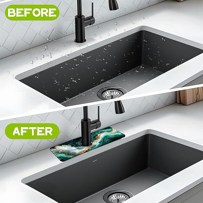 Emerald and Gold Marble Texture Kitchen Sink Splash Guard Faucet Mat, Super Absorbent Fast Drying Mat Guard Behind Faucet, Drip Catcher for Kitchen Bathroom, 15.5"X5.5"
