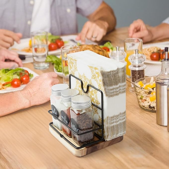 Wood Napkin Holder for Paper Napkin with Salt and Pepper Sharkers for Kitchen Dinner Table Counter Rustic Uplight Napkin Holder Disepenser for Restaurtant and Home Dinning.(Includ 3 Spice Bottles)