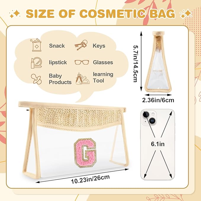 Small Boho Straw Initial Letter Makeup Bag Personalized Gift ,Cute Clear Chenille Patch Makeup Bag With Zipper,Trendy TSA Approved Travel Toiletry Bag,Gift for Women Girls Birthday Friend, Letter G