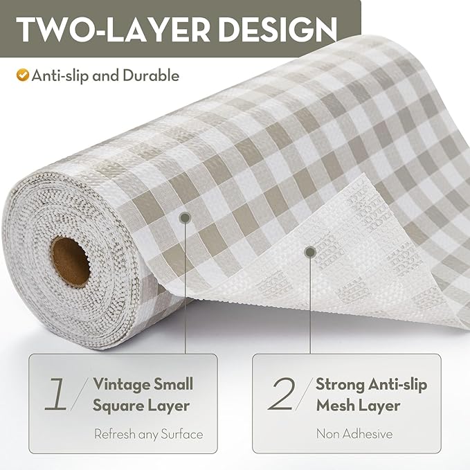 Drawer Shelf Liner, Non-Slip Kitchen Cabinet Liners Non-Adhesive Thick Strong Grip Waterproof Mats Protect Dresser Shelves Cupboard Bathroom Cabinets, Green Plaid, 17.5 in X 30 FT