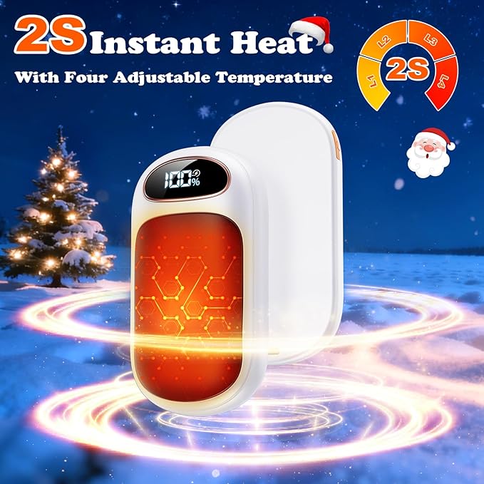 Rechargeable Hand Warmer 2 Pack, LED Display & 4 Levels, Ultrathin Electric Hand Warmers Portable USB Pocket Heater Fits Gloves for Hunting Essentials, Camping, Raynauds, Gifts for Christmas