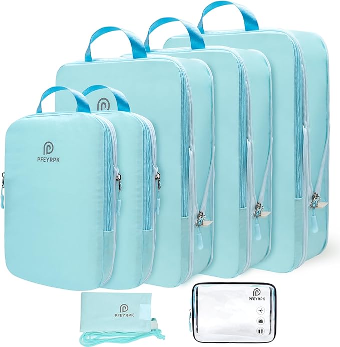 PFEYRPK Lightweight Compression Packing Cubes for Suitcases, Compressible Expandable Travel Packing Organizer with Clear Toiletry Bag and Backpack, 7 Set Travel Essentials for Carry-on Luggage