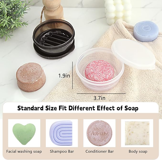 Round Soap Container 2 Pack,Travel Soap Holder with Lid,Soap Box with Drainage Tray,Portable Leakproof Shampoo Bar Case for Travel,Shower,Camp(Transparent White+Transparent Black)