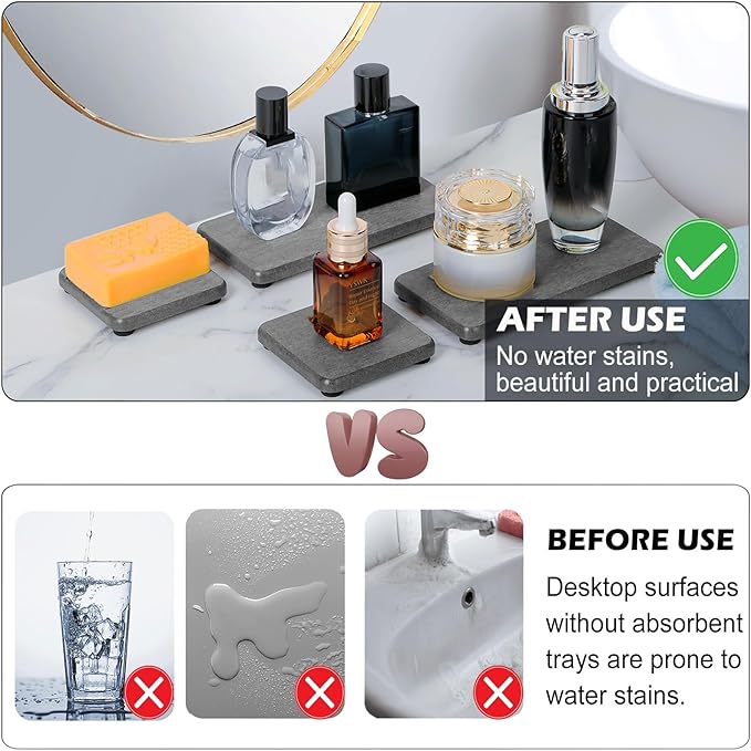 4PCS Water Absorbing Stone Tray for Sink, Fast Drying Stone Sink Tray, Water Absorbent Diatomite Trays, Diatomaceous Coaster, Stones Drying Trays for Bathroom Sinks and Kitchen Counter