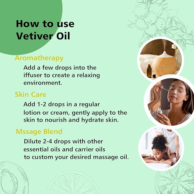 Vetiver Essential Oil - Pure Organic Essential Oil for Diffuser, Spray, Skin, Hair, Massage, DIY Candles & Soap - 10mL